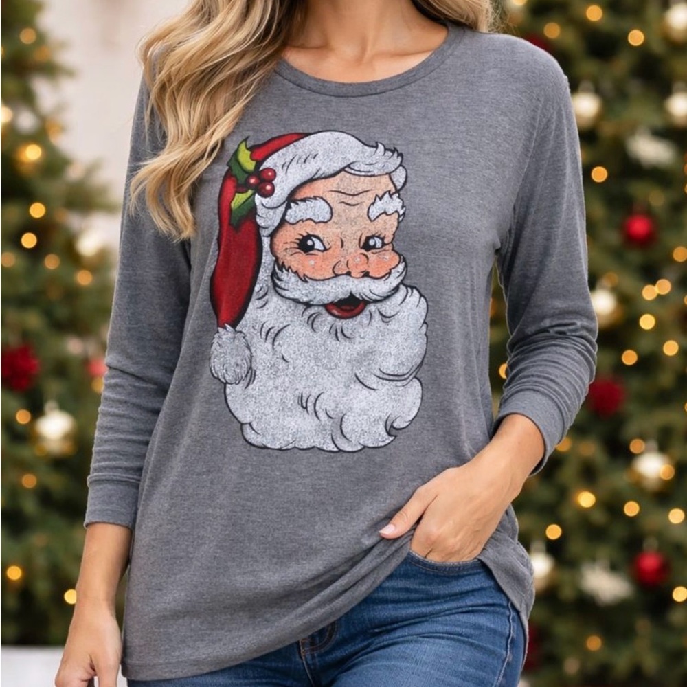 Modern Canvas NWT Women’s Size S Christmas Santa Gray Long Sleeve Shirt Holiday
